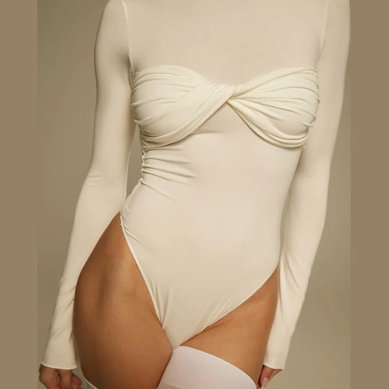 2026 nouvelle mode Sexy solide femmes body Streetwear noeud plis régulier décontracté à manches longues col rond mince maigre barboteuses t-shirts