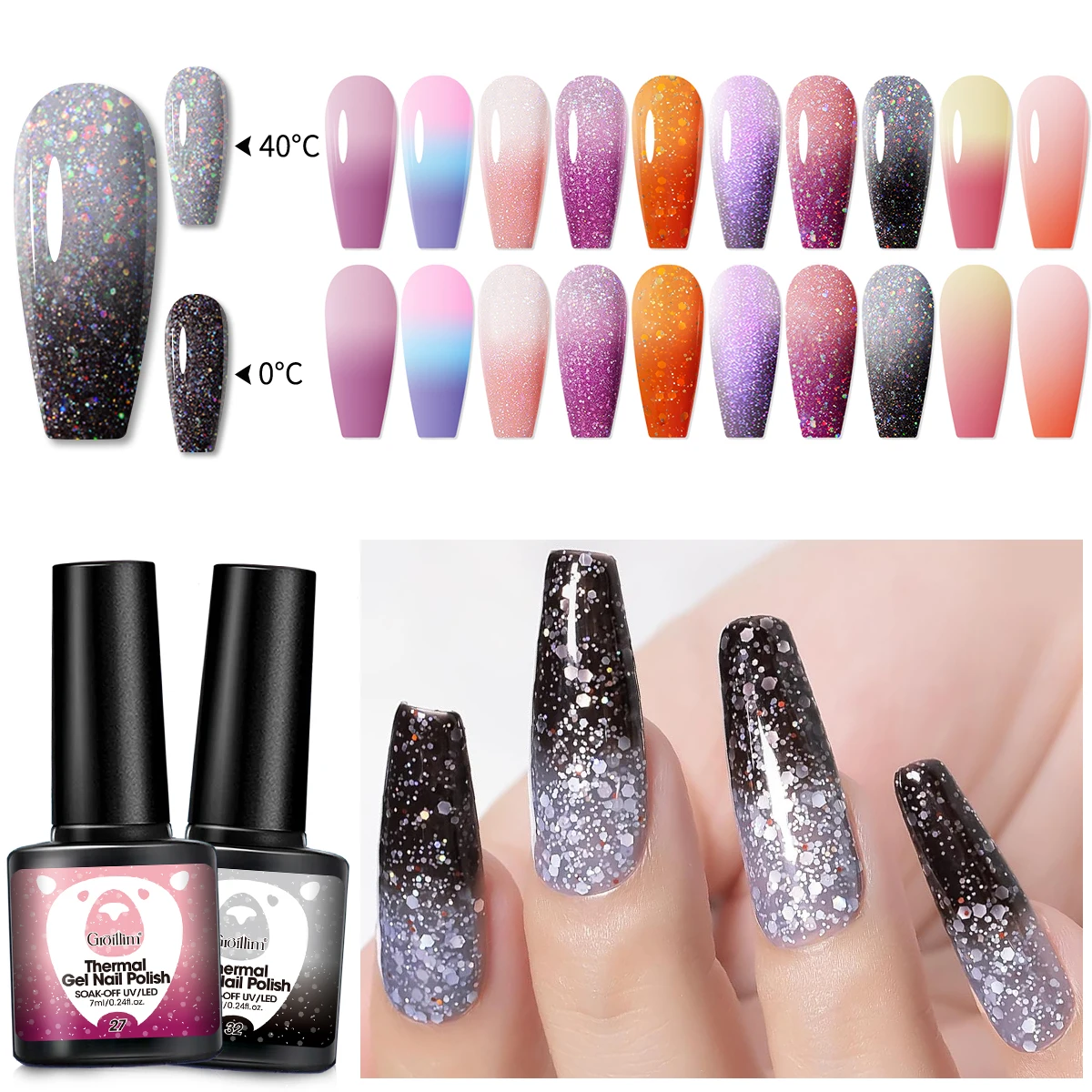10Pcs Color Changing Thermal Gel Nail Polish Set, Temperature Sensitive Gradient Nail Art Varnish, Semi-Permanent Glitter, Mater