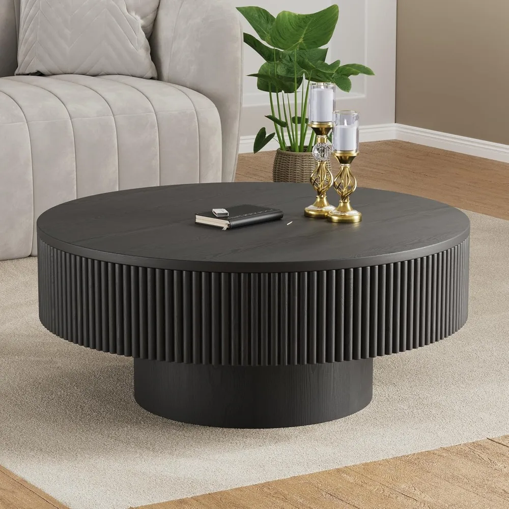 35” Round Fluted Coffee Table, Modern Wood Circle Coffee Table, Veneer Handcrafted Relief Tea Table with Sturdy Pedestal Black