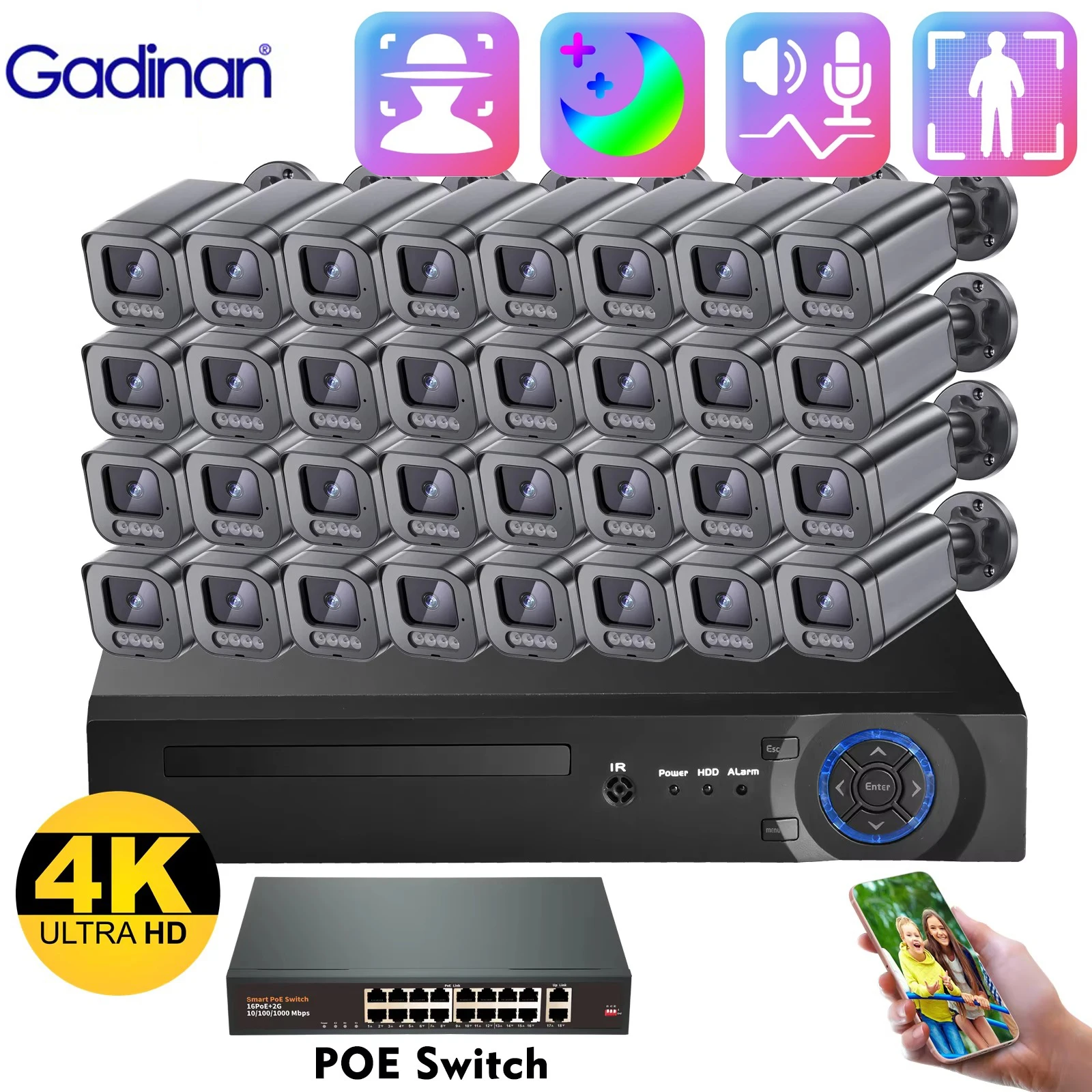 

Gadinan 32CH HD 4K 8MP POE Camera Security System Set NVR Face Detection Color Night Vision CCTV Surveillance Recorder Kit XMEYE