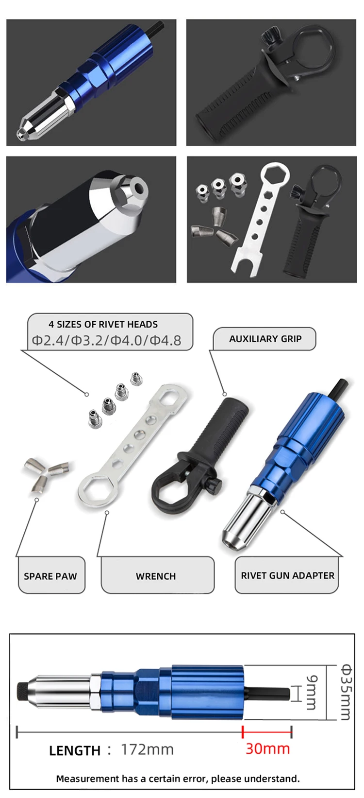 Electric Rivet Gun 2.4mm-4.8mm Rivet Nut Gun Drill Adapter Cordless Riveting Tool Insert Nut Pull Rivet Tool
