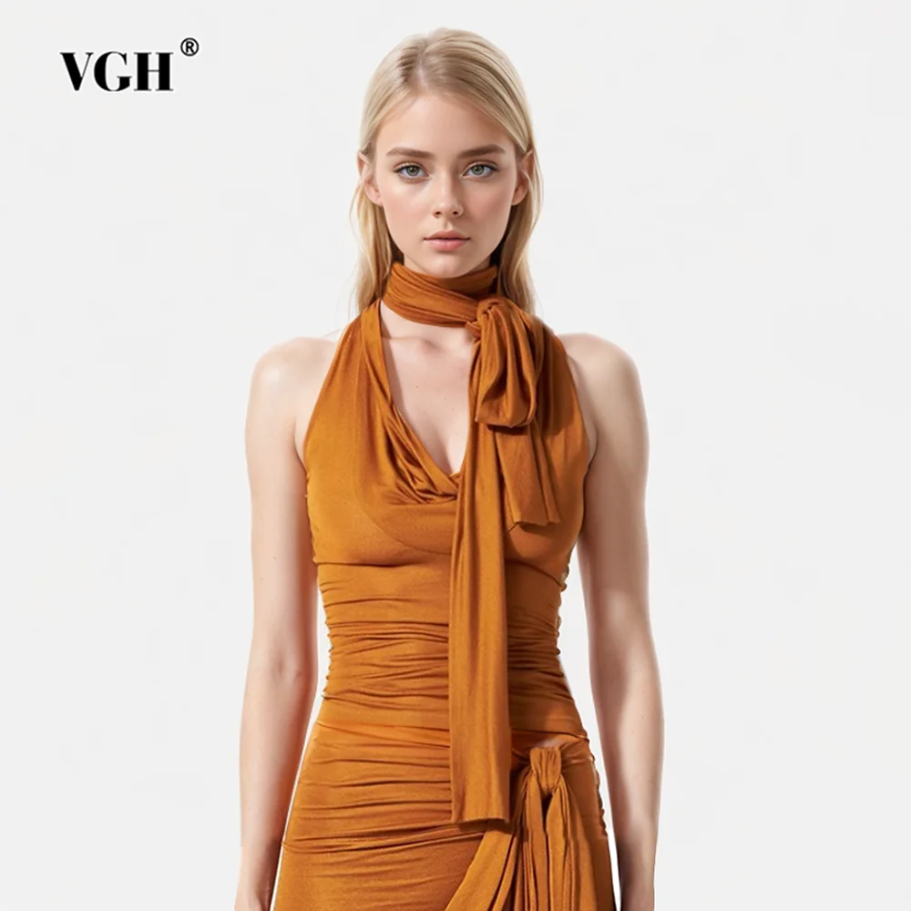 VGH Solid Patchwork Lace Up Casual Tank Tops For Women Scarf Collar Sleeveless Spliced Folds Slimming Vests Female Fashion New