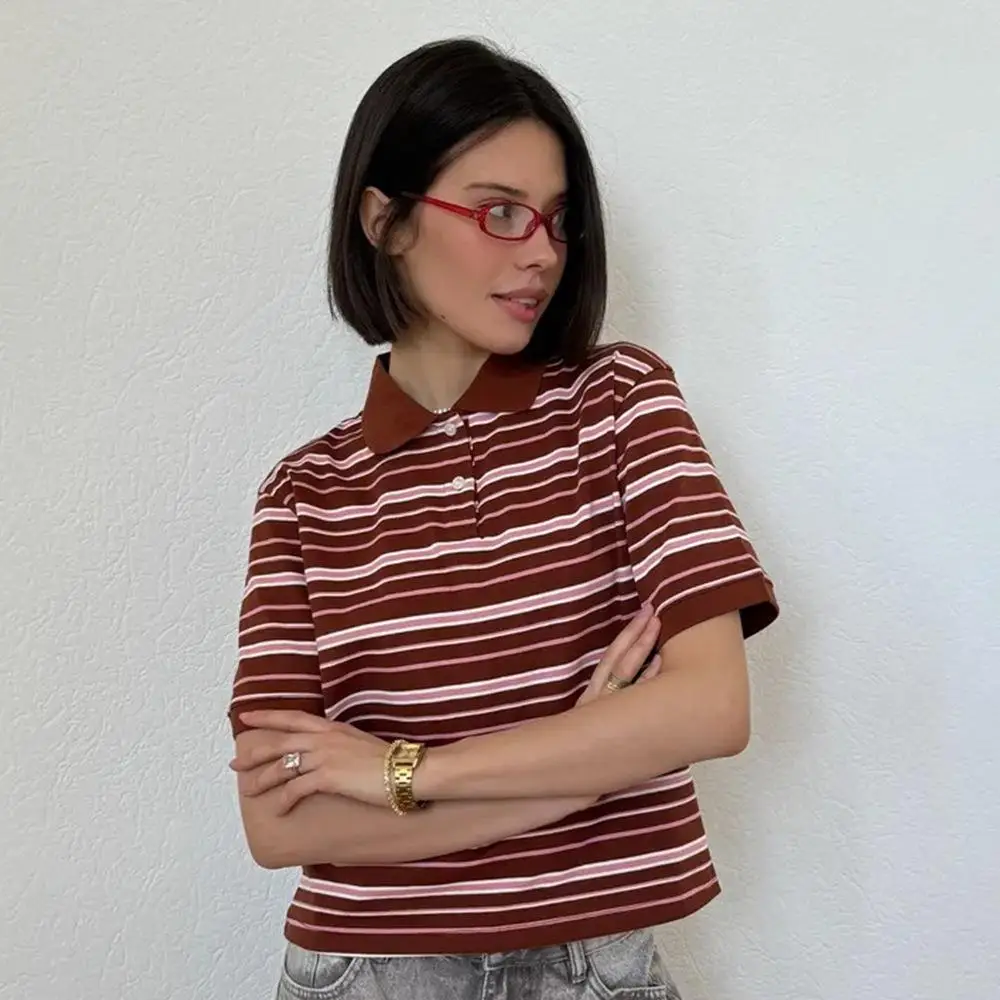 Casual Stripe Short Sleeve  Shirt Women's Summer New Style Vintage Color Block Loose Fit T-Shirt Cross-Border Fashion