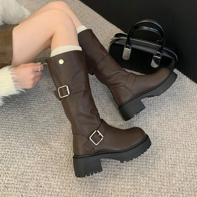 

Woman Boots Knee High Platfrom Studded Spring Summer Knight Combat Gothic Elegant Medium Heel Women's Shoes Motorcycle Footwear