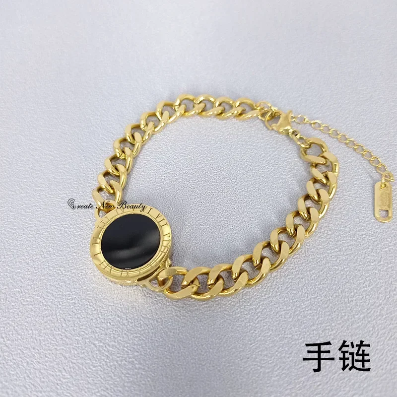 Stainless Steel Gold Color Bracelet Fashion Thick Link Chain Bangle Exquisite Simple Crystal Charm Jewelry Girl Gift Party