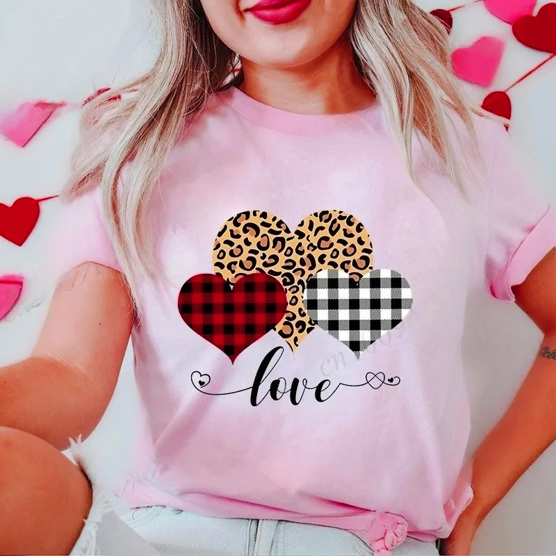 새로운 여성 티셔츠 의류 발렌타인 레오파드 러브 하트 프린트 티셔츠 통기성 티셔츠 루즈 탑 하라주쿠 캐주얼 반소매