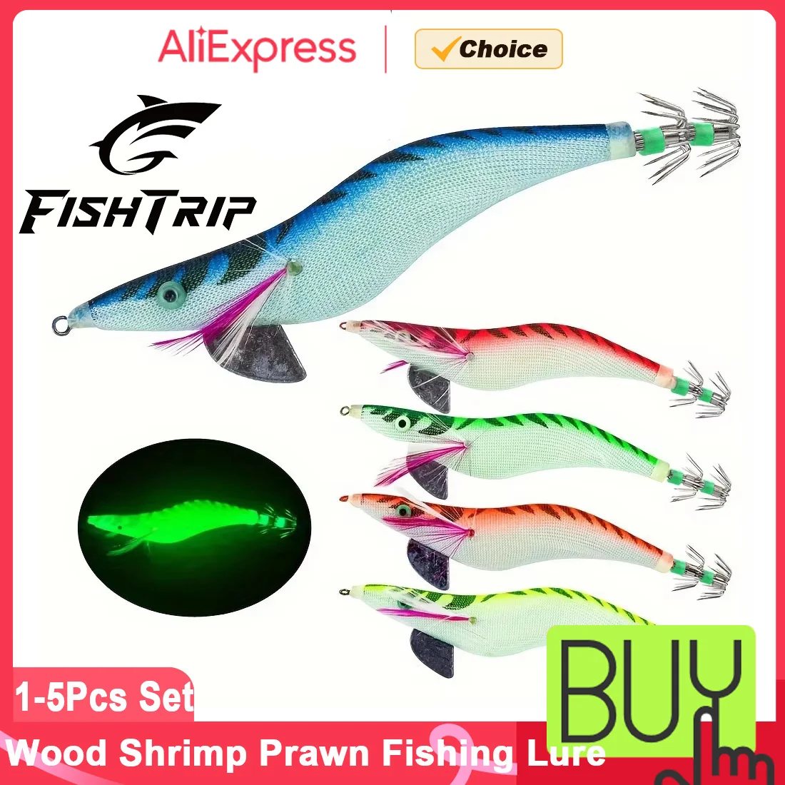 FishTrip Luminous Squid Jig Wood Shrimp Prawn Fishing Lure Glow in Dark Umbrella Hook Saltwater Bait for Cuttlefish Octopus Sea