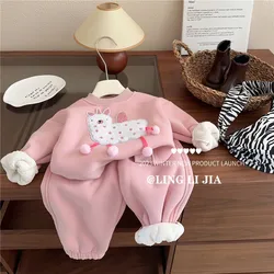 2024 Winter Children Girls 2PCS Clothes Set Cotton Plus Velvet Cartoon Sweatshirts Loose Fleece Pants Suit Toddler Girls Outfits