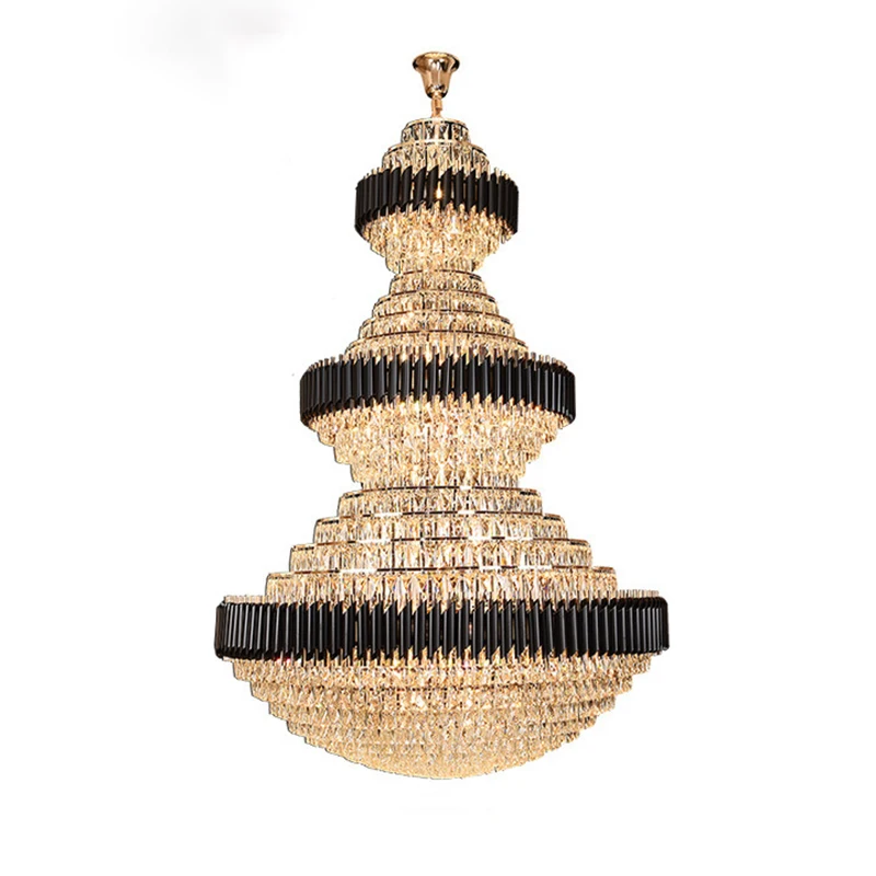 Modern Luxury Black Crystal Staircase Chandelier Large Pendant Light for Villa Lobby Hotel Entrance Lighting