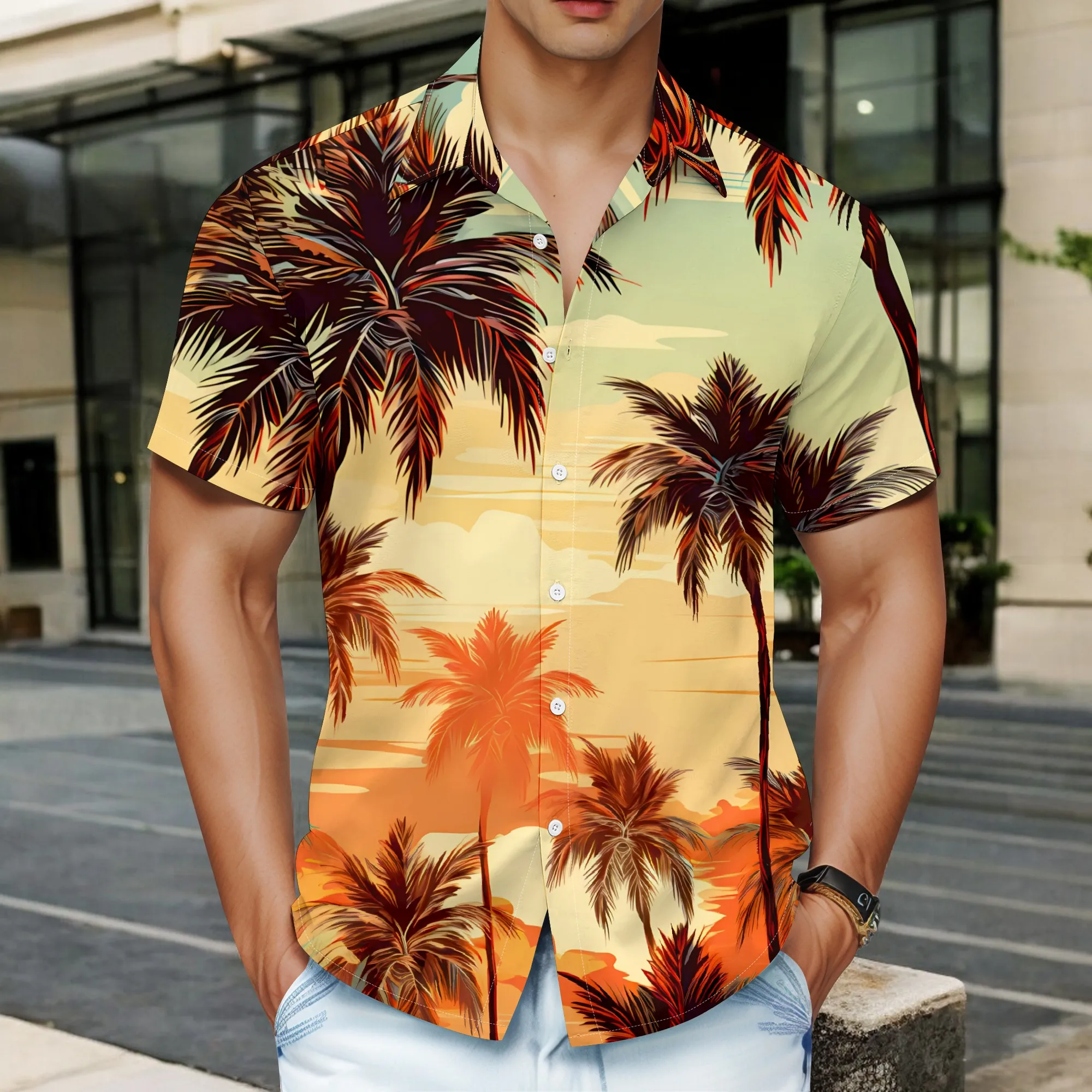 

YEAE Tropical Palm Print Shirt for Men Summer Casual Short Sleeve Top