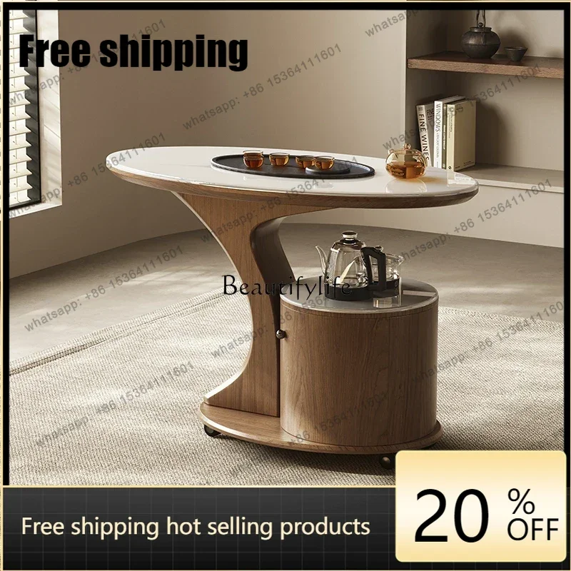 HJ Natural Luxury Stone Mobile Small Tea Cart Living Room Household Tea Set Tea Table