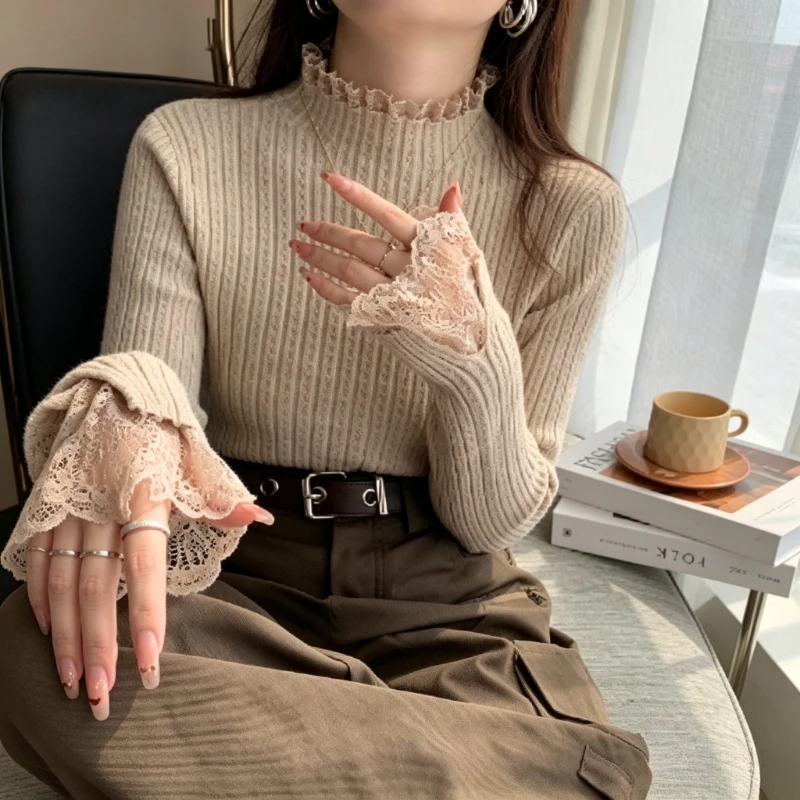 New Sweet Chic Autumn Winter Turtleneck Bottoming Sweater Cover Lace Lotus Leaf Fungus Edge Horn Sleeve Women's Knitted Sweater