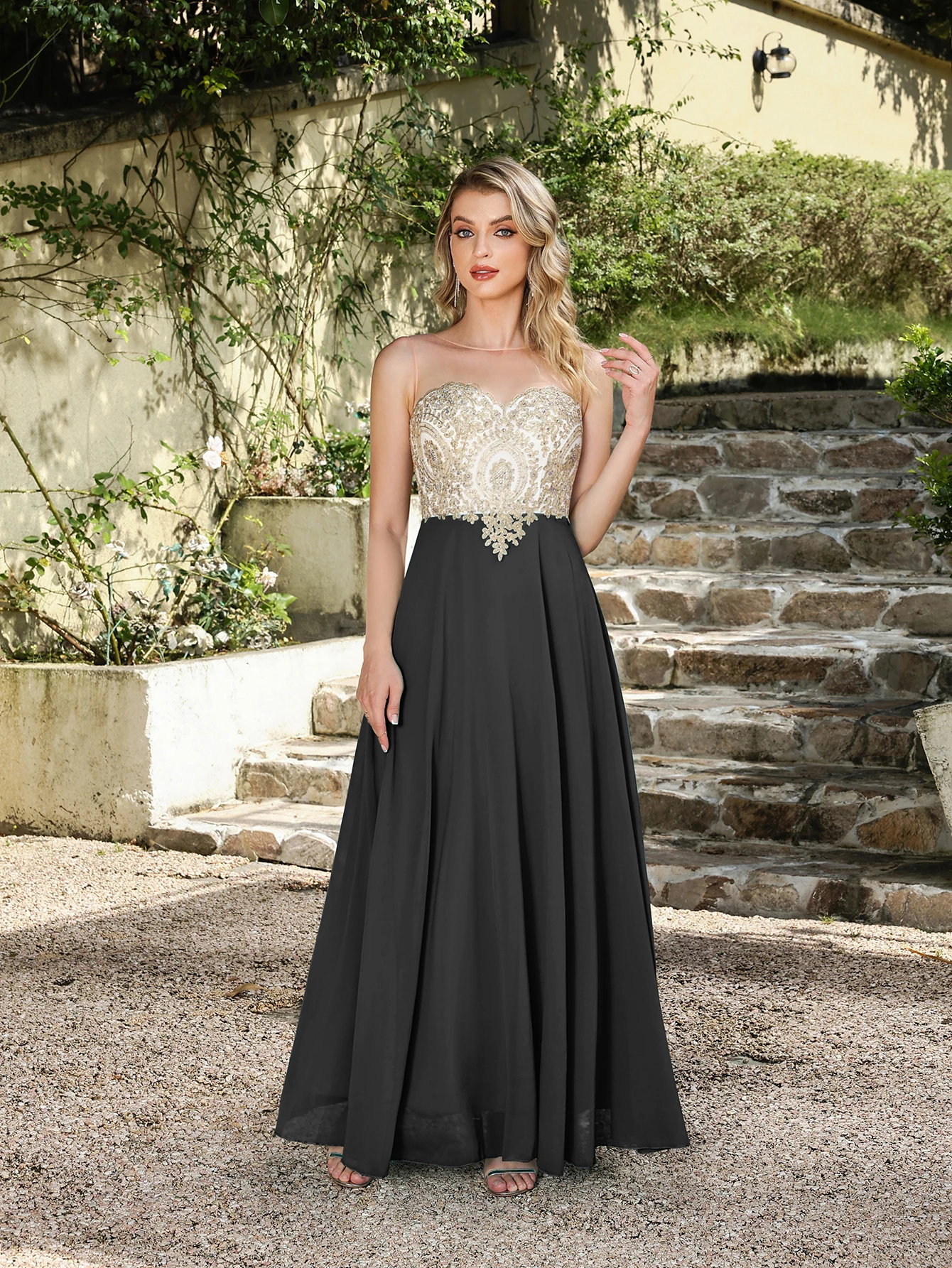 BABYONLINE 2025 Evening Dresses with Gold Lace Bodice Elegant A Line Chiffon Long Formal Wedding Party Gowns In Stock