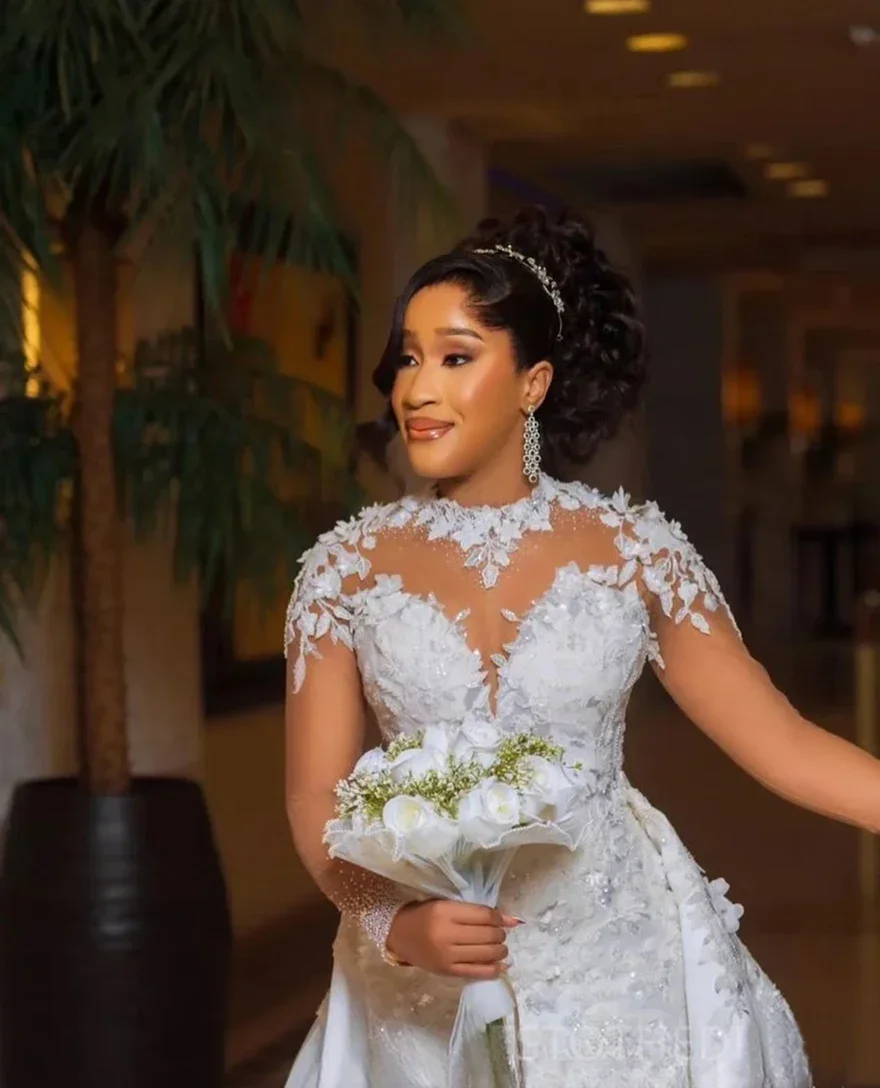 Customized High Neck Appliques Beads Mermaid Wedding Dress  Full Sleeves African Arabic  Bridal Gown with Removable Skirt