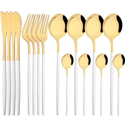 Mirror White Gold Dinnerware 16Pcs Cutlery Set Stainless Steel Silverware Knife Spoon Fork Flatware Dinner Fork Tableware Set