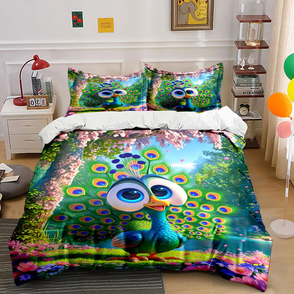 Cartoon Peacock in Vibrant Garden Bedding Set for Kids Luxury Gift 3pcs Digital Print Comforter Set Soft Comfortable Breathable