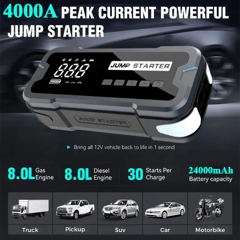 

Powerful Car Jump Starter for all 12V Vehicles Multi-Function Portable Battery with Air Pump Power Bank and LED lighting