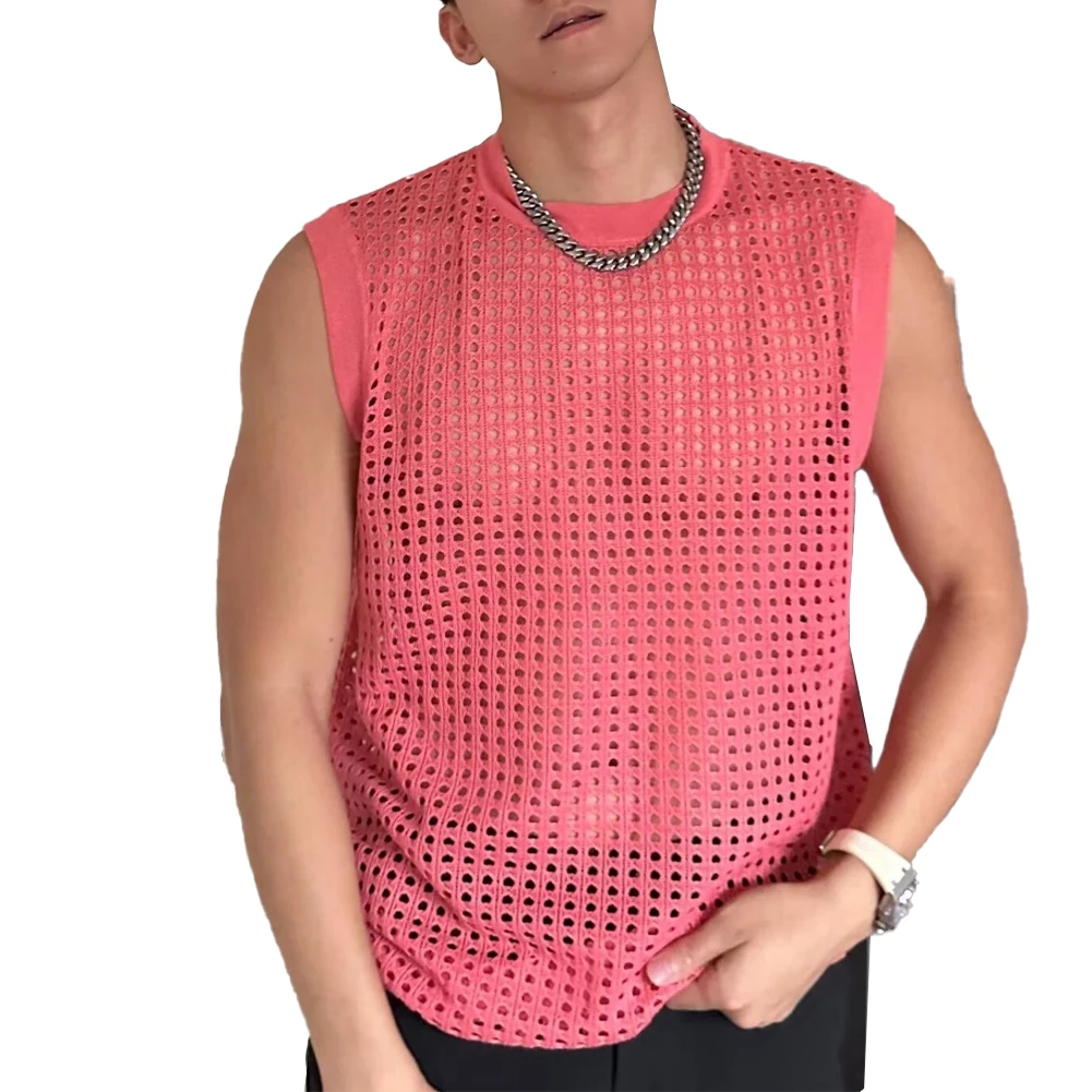

For Summer Wear Korean Style Vests Mens Mesh Hollow Vests Regular Length Slightly Transparent Suitable For Summer