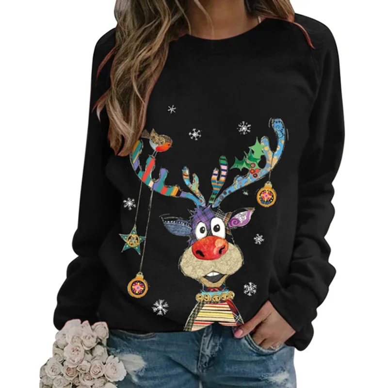 

Winter Womens' Christmas Elk Print Novelty Jumpers Xmas Sweater Tops Long Sleeve Crewneck Casual Pullover Sweatshirt