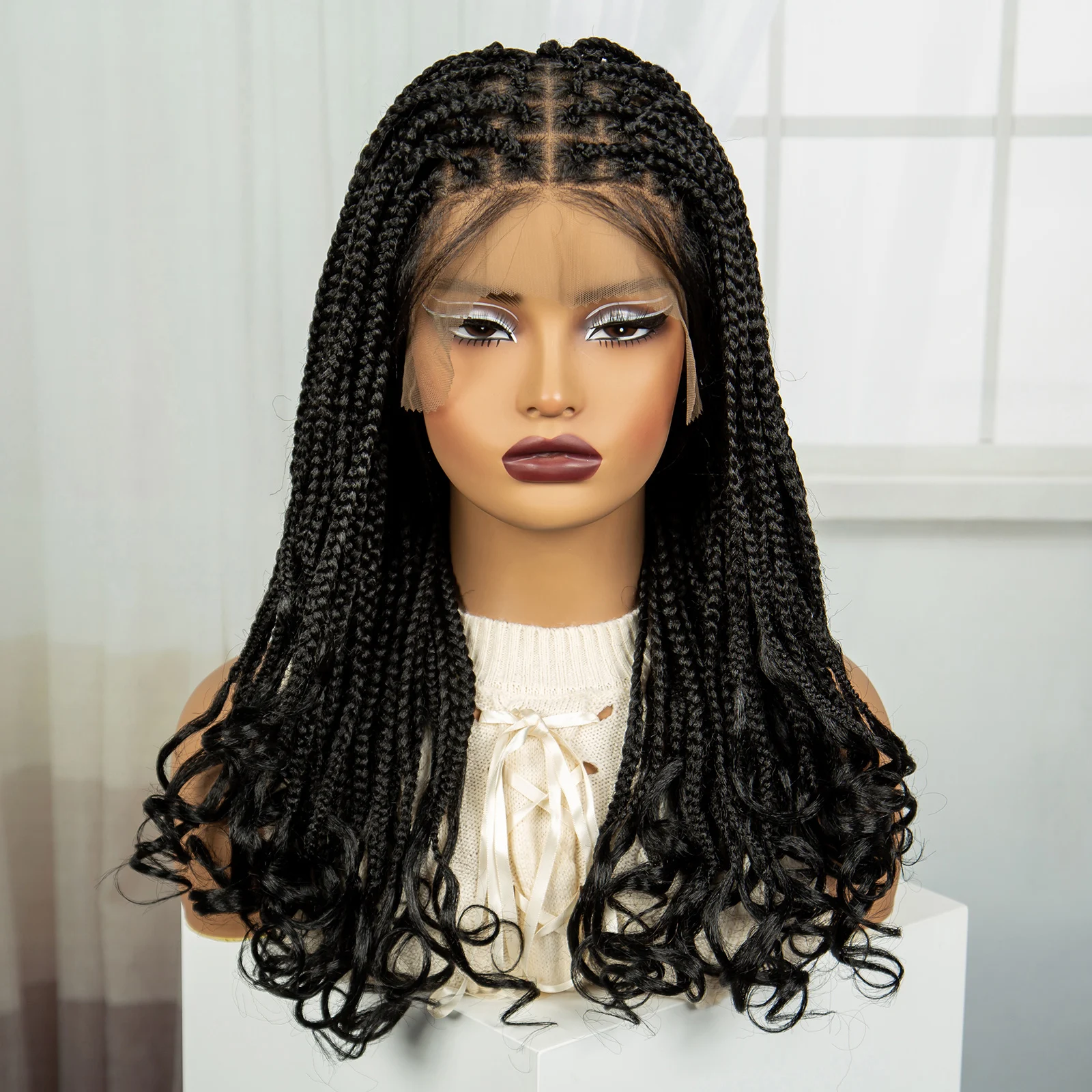 22Inch Full Lace Synthetic Braided Wigs Knotless Braided Lace Wig Boho Box Braid Wig Natural Braid Wig with Curly Ends for Woman