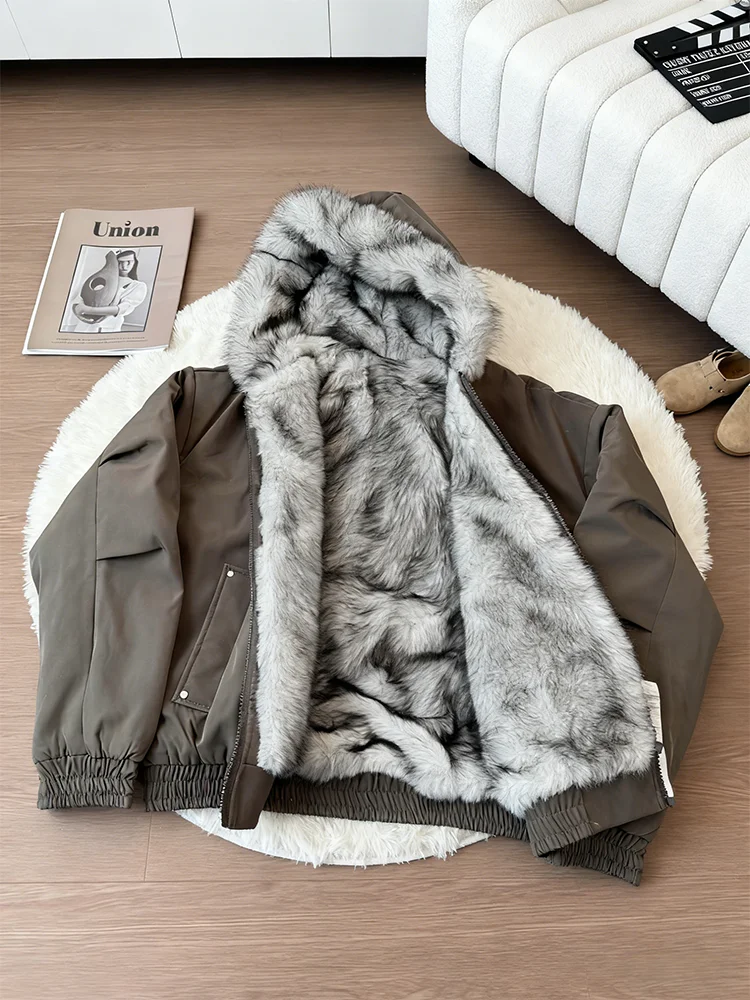 

Мужская зимняя хлопковая рабочая одежда Wolf King Fur Mountain Eagle Jaet с капюшоном в американском стиле ретро