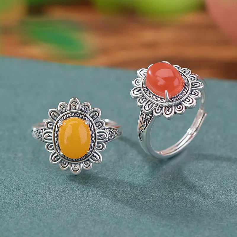 S925 Sterling Red Amber Sunflower Cabochon Silver Ring