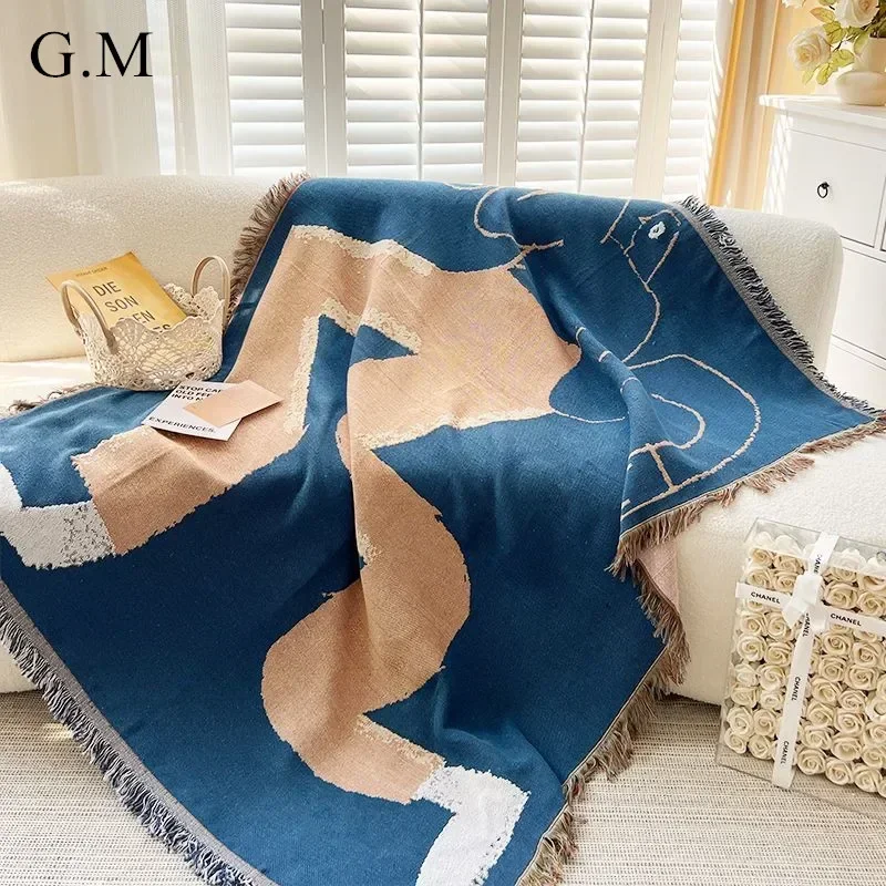 160x130cm Ins Style Blue Knitting Throw Blanket for Sofa Bed Vintage Tassels Wall Tapestry Jacquard Outdoor Camping Picnic Mat