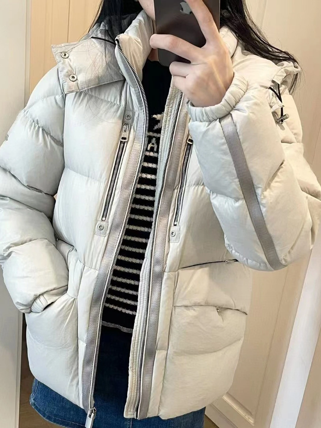 

Gray Thickened Goose down Jacket Double Zipper Casual Outdoor Men's Clothing Street Style Quilted Pockets Detachable Hat