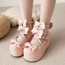 New Sweet Heart Buckle Wedges Mary Janes Women Pink Bow Cross Strap Chunky Platform Lolita Ladies Punk Gothic Cosplay Girls Shoe