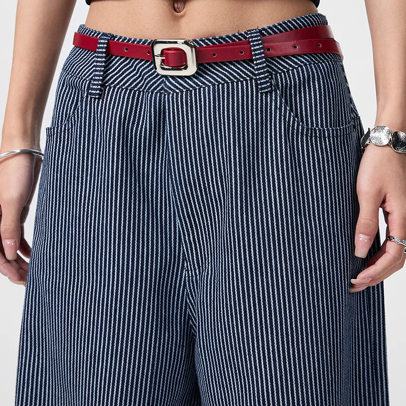 جديد 2026 F/W جينز مخطط جديد عالي الخصر للنساء بنطال جينز واسع الساق ملابس غير رسمية كلاسيكية جيب بسحاب بنطلون نسائي