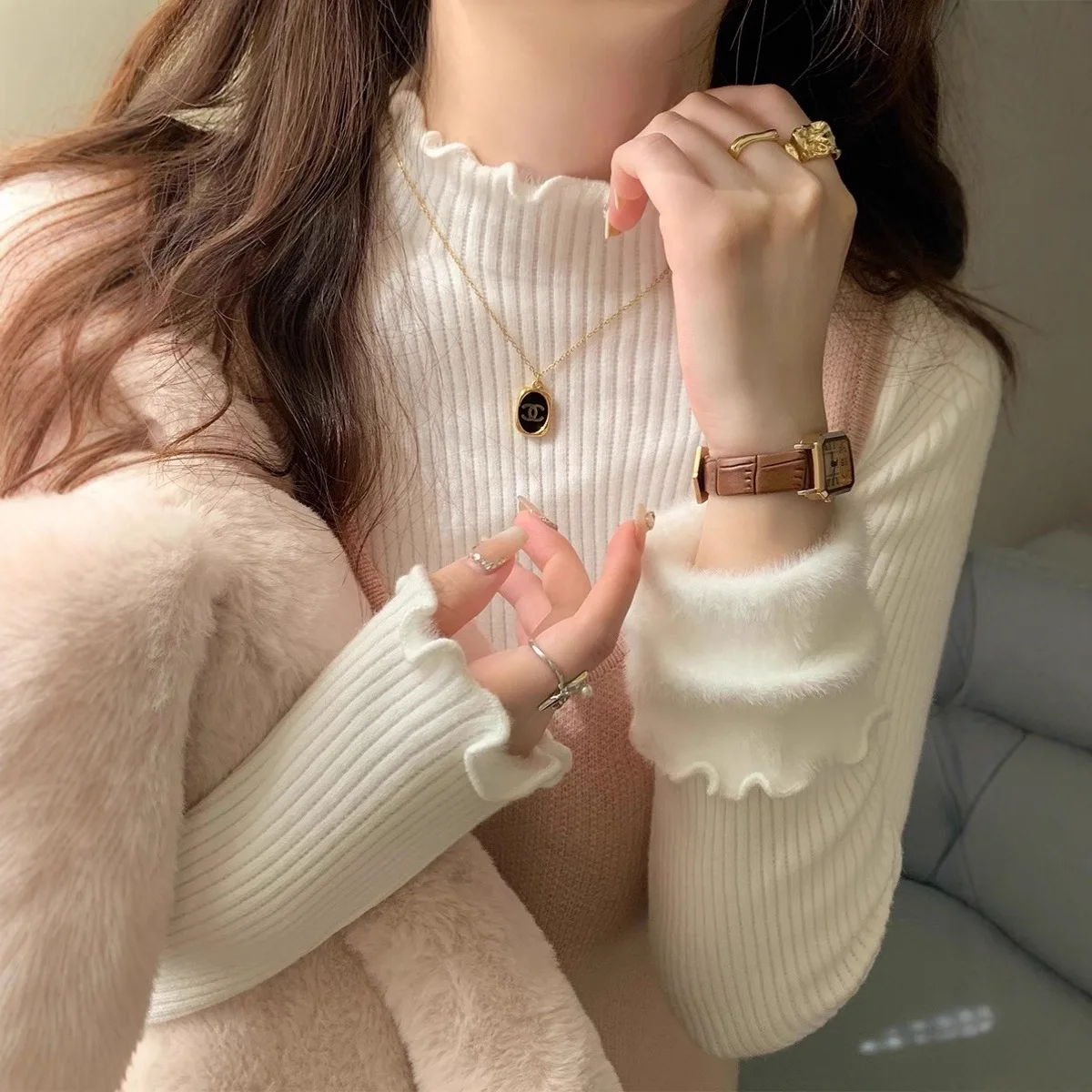 

Внутренняя одежда с длинными рукавами, топ из смеси хлопка и полиэстера, базовый стиль, утолщенная флисовая трикотажная базовая рубашка, женская рубашка с высоким воротником