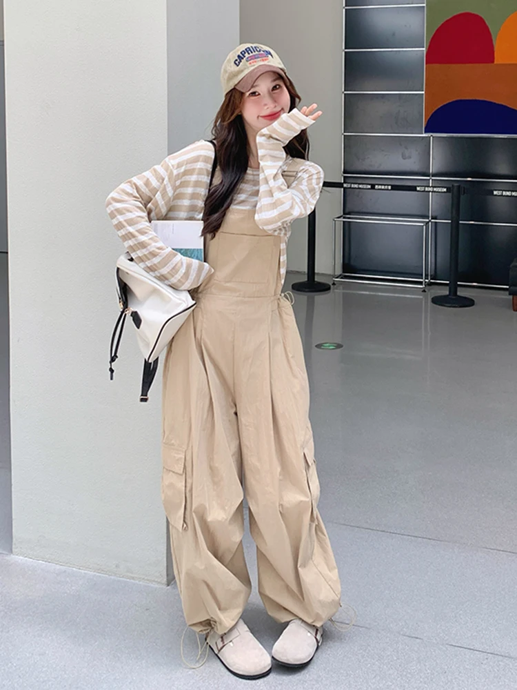 

Khaki Casual Overalls Set Women Spring Autumn 2025 New College Sle Striped T-irt Jumpsuit Two-Piece Set Long Sve round...