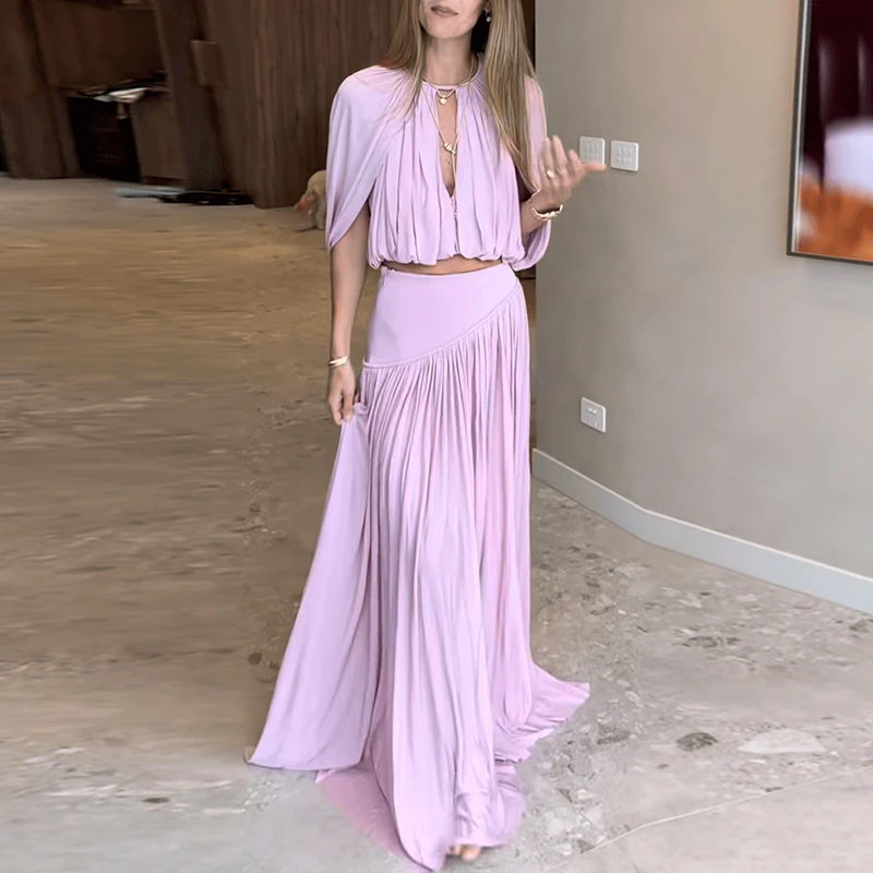 

Chic Fashion Solid Color Party Outfit Women O Neck Hollow Top And Pleated Maxi Skirts Set Summer Cloak Sleeves Loose Office Suit