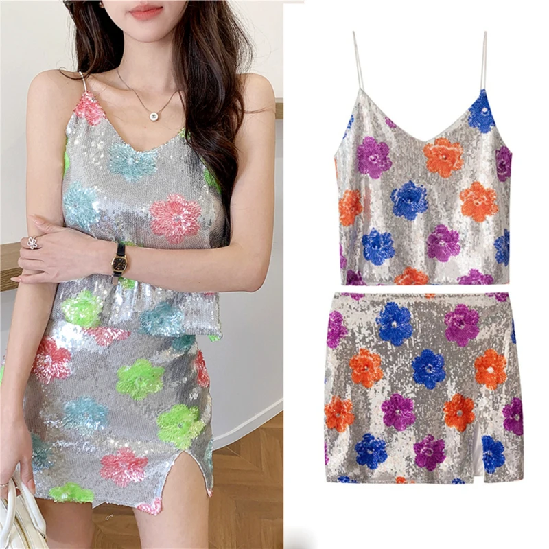 

Сексуальный блестящий комплект из 2 предметов с блестками для женщин, укороченный топ без рукавов, мини-юбки трапециевидной формы, женские летние праздничные наряды SL215