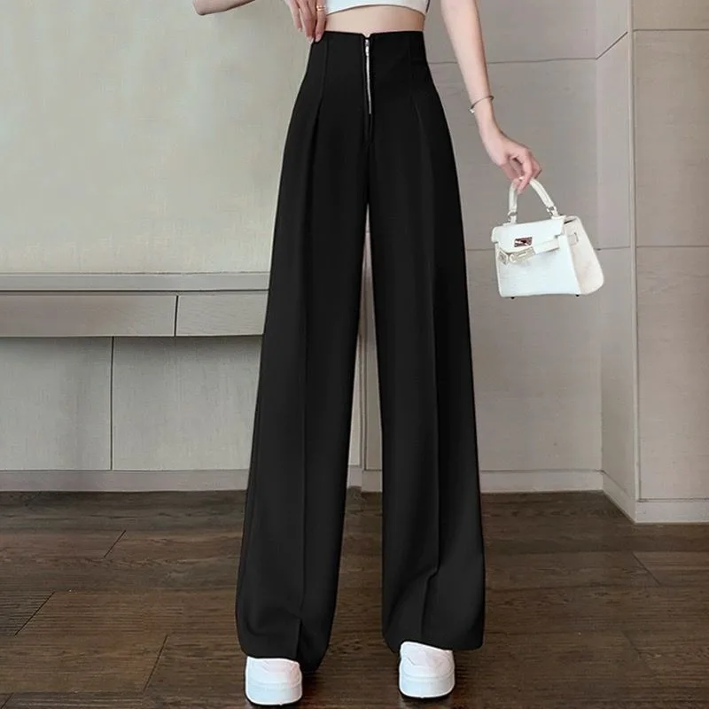 High Waist Zipper Wide-leg Casual Pants for Women in Spring and Summer Loose Gentle Style Floor-mopping Suit Pants