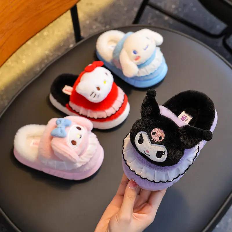 

Hot Sanrio Girl Cotton Slippers Kuromi Kawaii Anime Winter Student Cartoon Wear-Resistant Soft Keep Warm Children's Slippers New