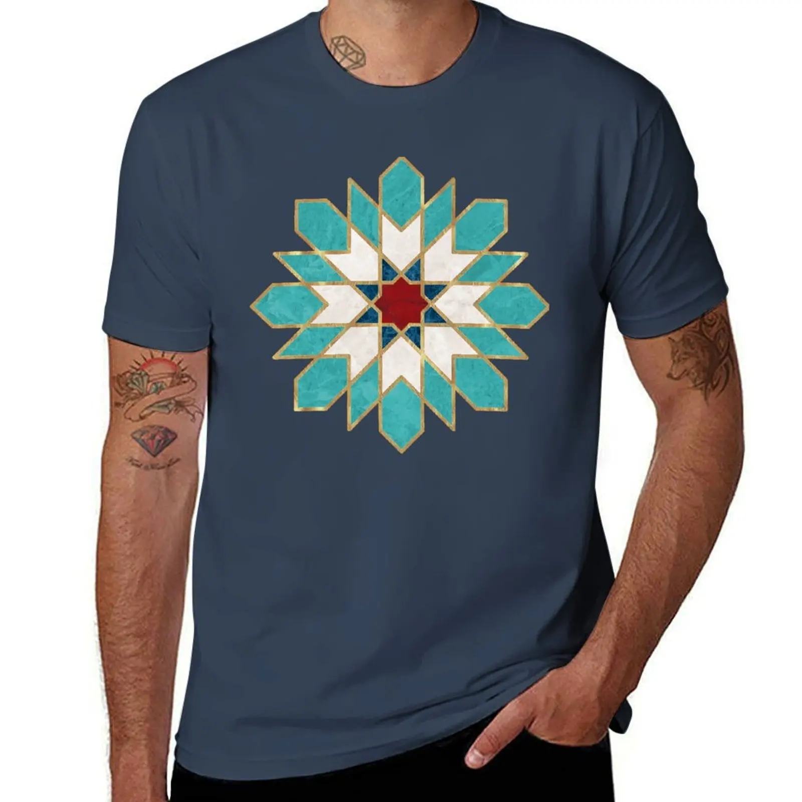 

Navy Blue Teal White Red Marble Moroccan Mosaic T-Shirt clothes Luxury man fruit of the loom mens t shirts