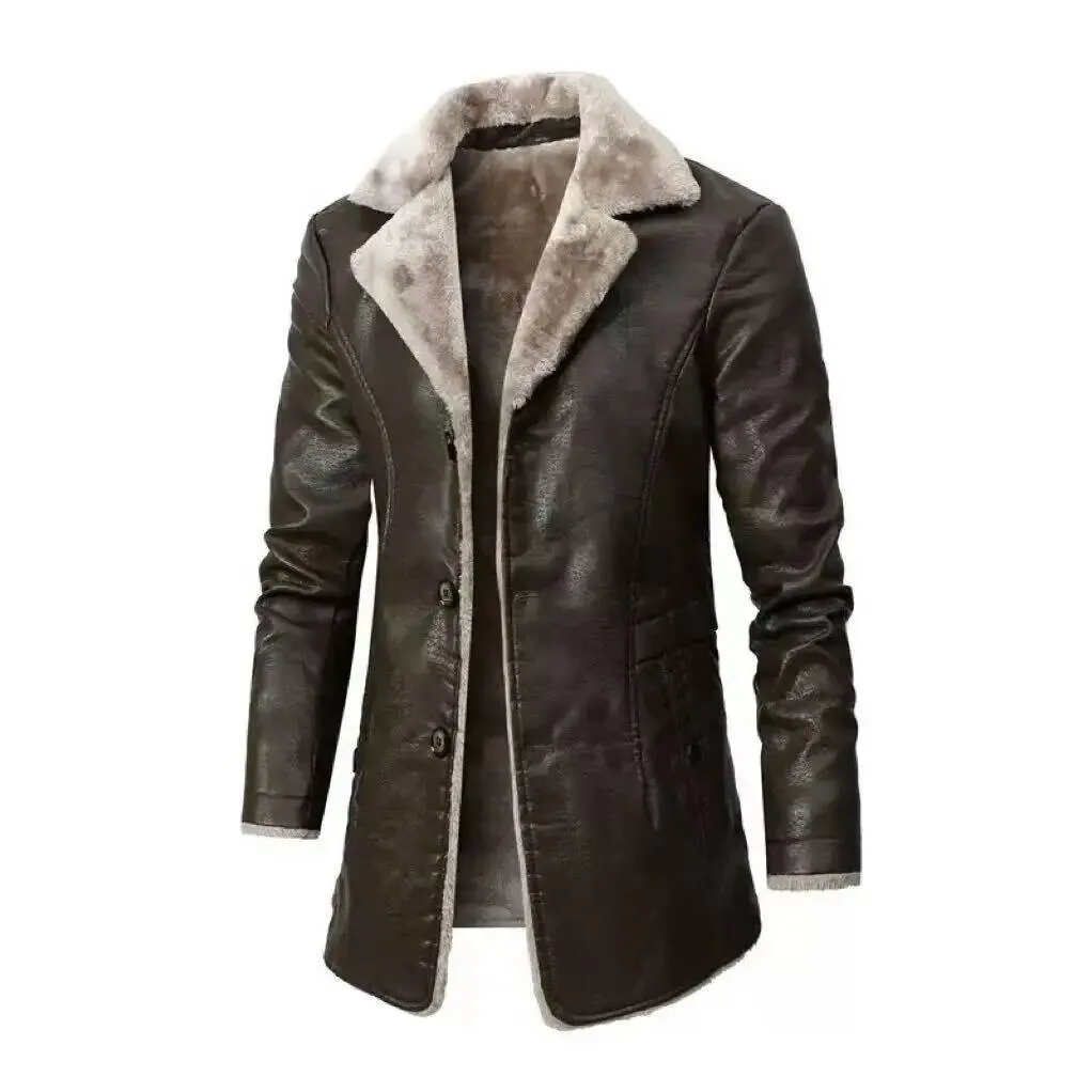 

2025 Autumn/Winter New Men's Medium To Long Jacket With Thick Velvet And Warm PU Leather Business Casual Coat