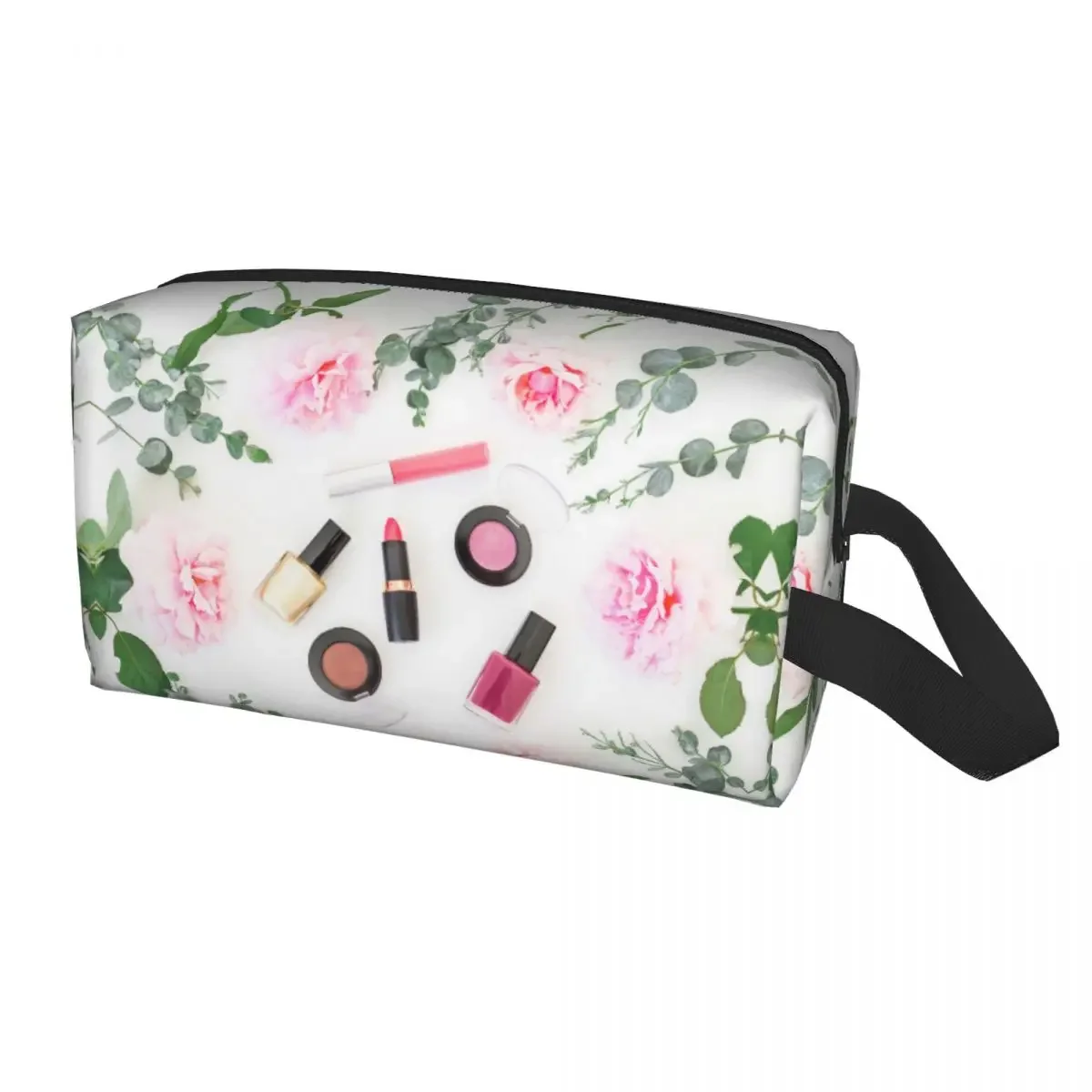 

Custom Pink Flowers And Nail Polish Print Toiletry Bag for Women Cosmetic Makeup Organizer Ladies Beauty Storage Dopp Kit Box