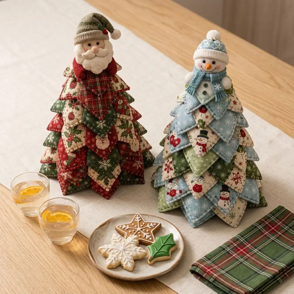 Vintage Style DIY Quilted Christmas Tree Kit Beginner‑Friendly Snowman Elk 3D Tabletop Christmas Sewing Kit Santa Claus Girl