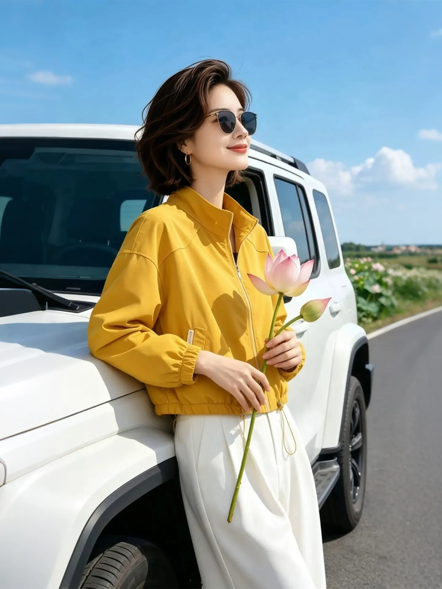 Women's Breathable Sun Protection Korean Style Short Coat Loose Fit Long Sleeve Zipper Closure Drawstring Hem Office Wear