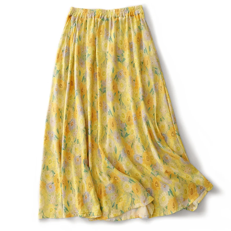 Women's Summer Floral Printed Yellow Midi Skirt Elastic High Waist Vintage Cotton Linen A-line Skirt Elegant Ladies