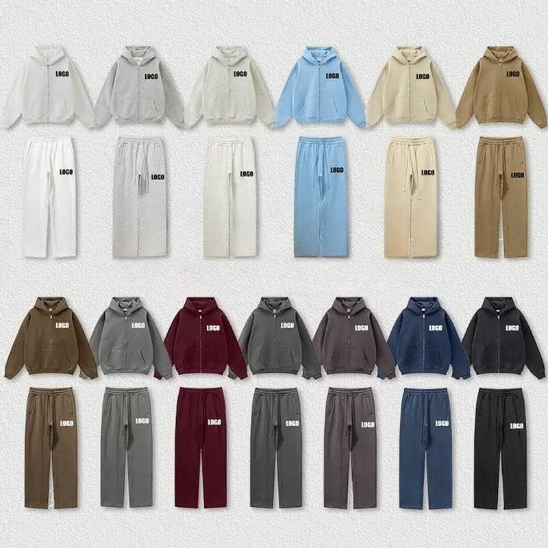 Custom LOGO men's autumn American loose 345G cotton polyester velvet zipper hooded sweater casual trousers couple suit