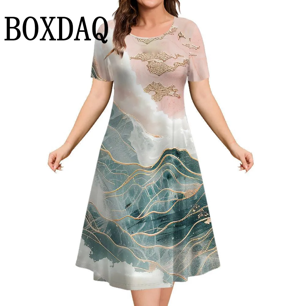 Ropa de mujer con estampado 3D de paisaje de mármol, vestidos de fiesta elegantes de manga corta de verano, vestido informal holgado con pintura acampanada y cuello redondo