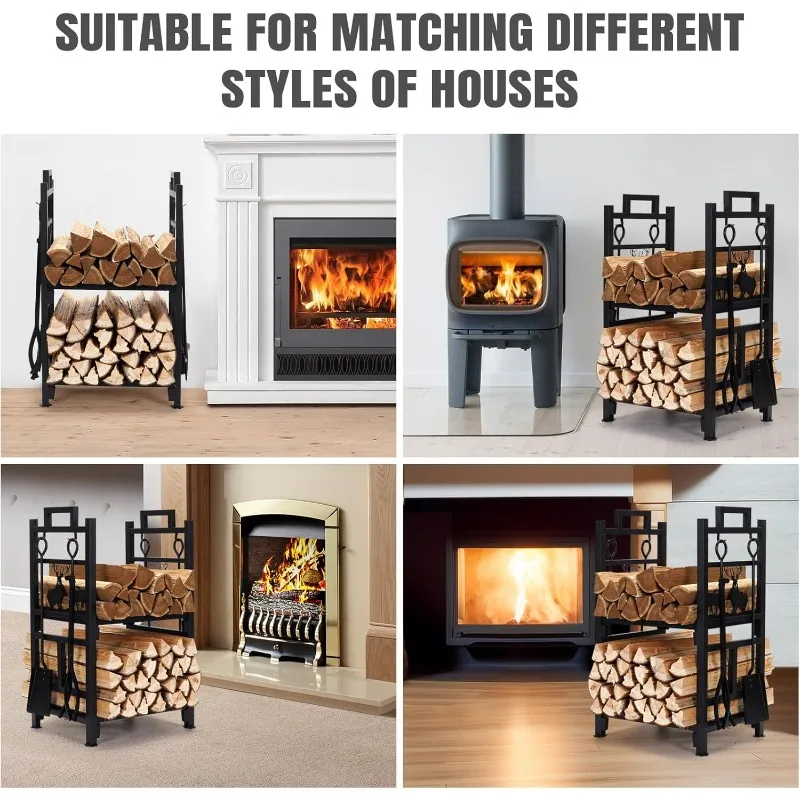 مجموعة أدوات Fireplce Firepit رف الحطب، حامل سجل خشبي حديدي بطبقة مزدوجة لملحقات الأماكن الداخلية الخارجية
