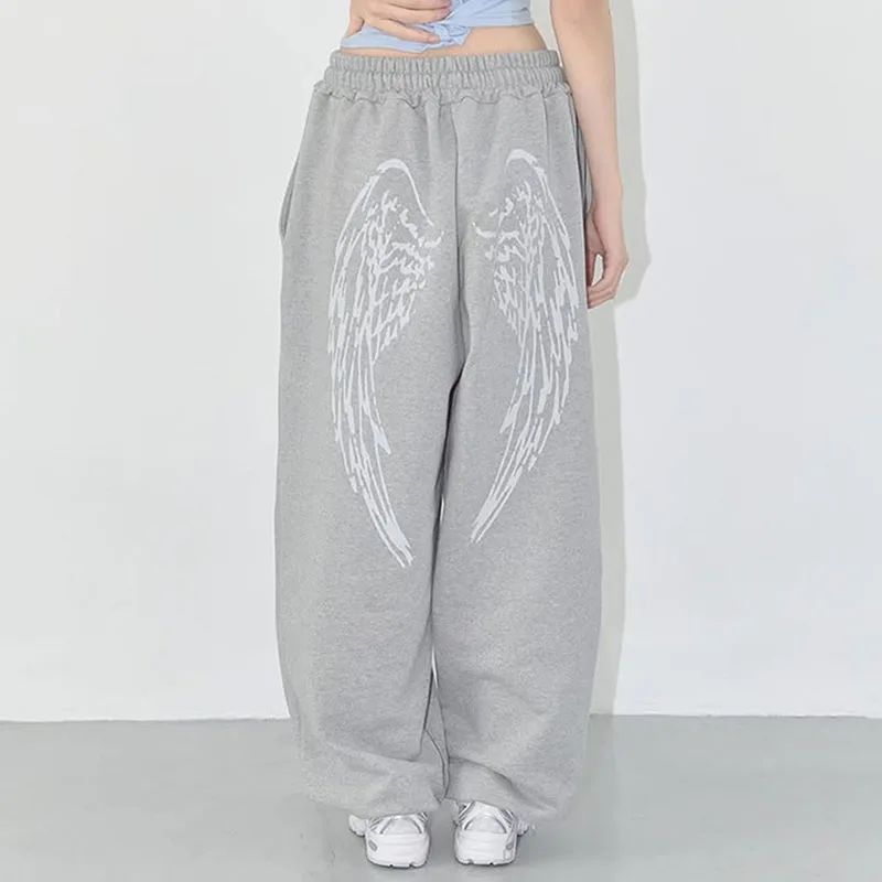 Korean Version Pattern Wings Personalized Angel Printed Loose Sweatpants Fresh Retro Wide-leg Pants Female Y2k Straight Overalls