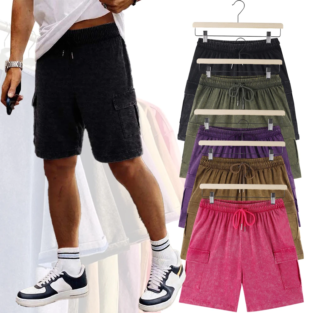 

Solid Snow Wash Shorts Men Soft Cotton Summer Seaside Drawstring Streetwear Creative Retro Fashion Unisex Pocket Short Suit