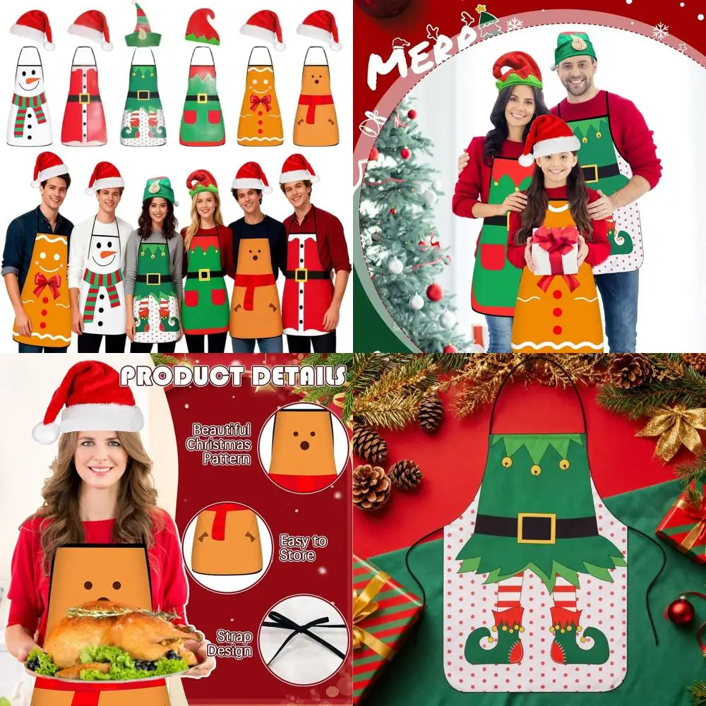 

Adult Christmas Apron Set: 6 Fun Holiday Kitchen Aprons with Santa, Elf, Snowman for BBQ & Baking