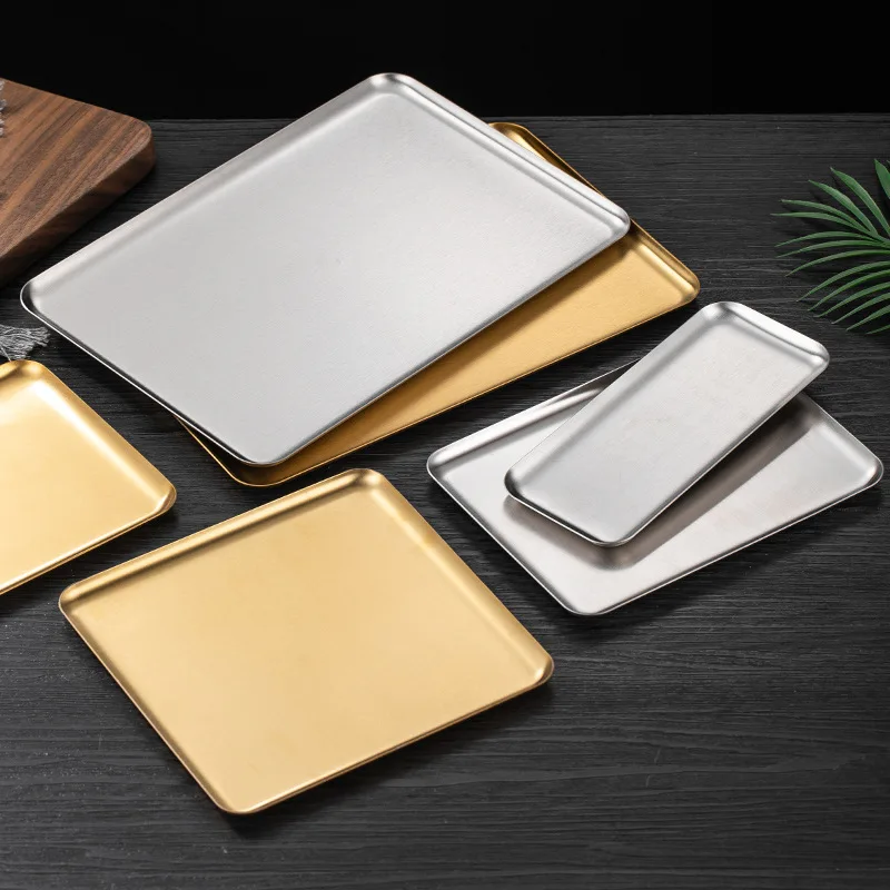 

304 Stainless Steel Rectangular Coffee Shop Tray, Golden Barbecue, Flat Bottom, Dessert Cake Plate, Korean