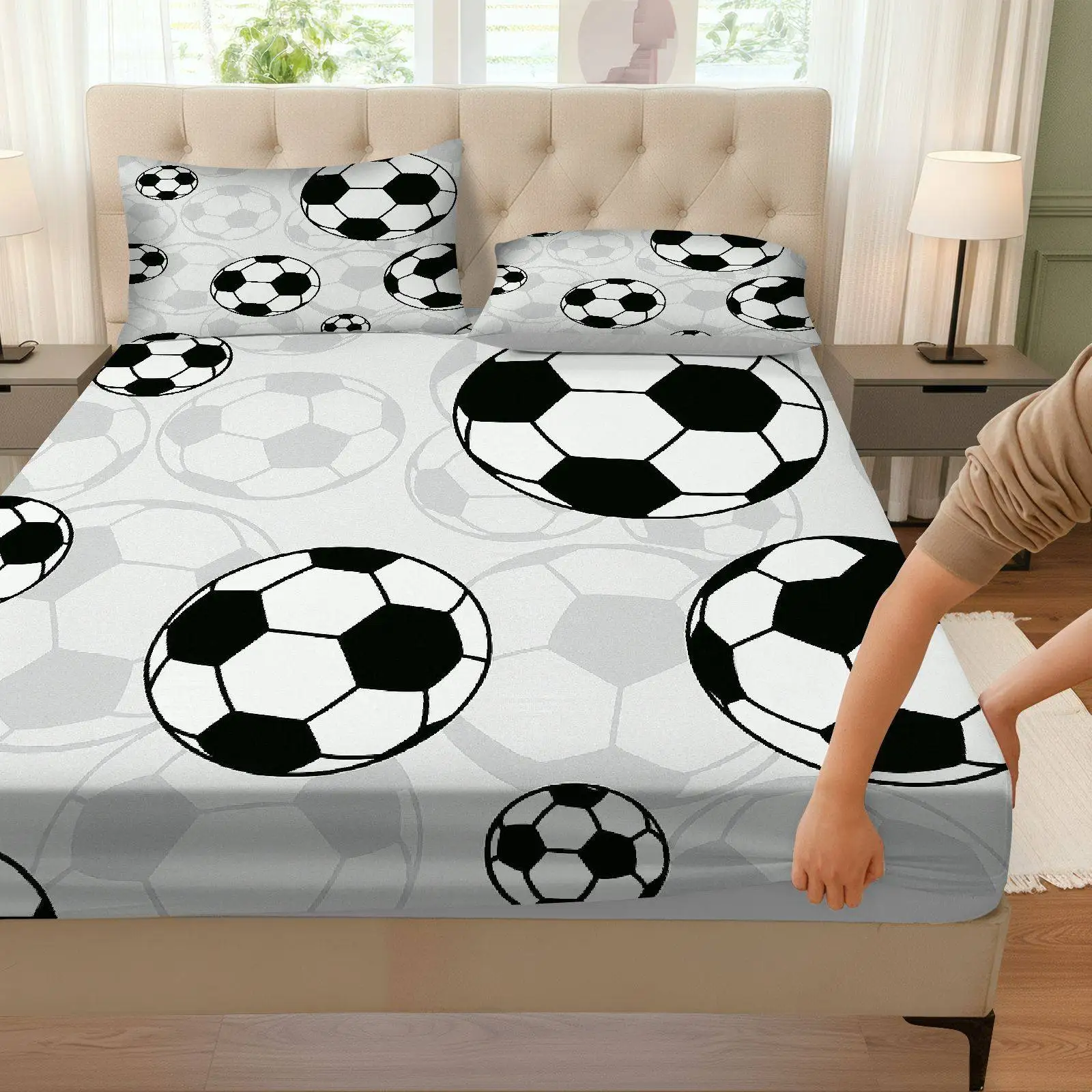 Three-piece fitted sheet set, digital print fitted sheet set, mattress protector for football enthusiasts (includes 1 fitted sheet + 2 pillowcases), large-capacity deep pocket 2D printed fitted sheet and 2 pillowcases, bedding mattress protector, fitted elastic style, mattress protector, suitable for all seasons, machine washable design, holiday decoration, various sizes, breathable protector with pillowcases